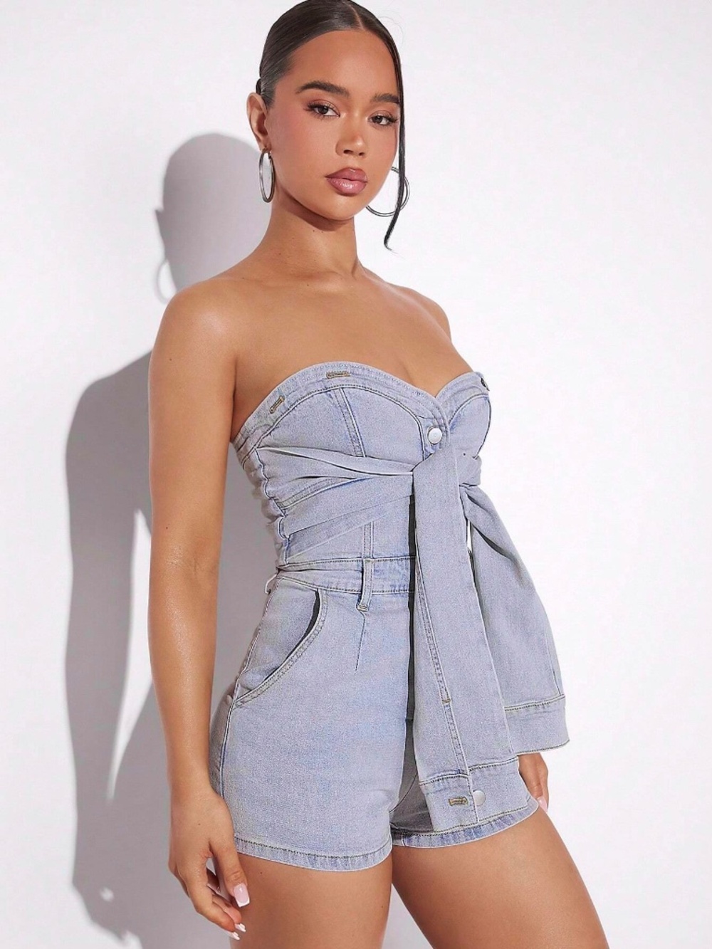 NWT DENIMOI X SHEIN Tie Front Slant Pocket Sweetheart Tube Denim Romper S - Picture 3 of 5